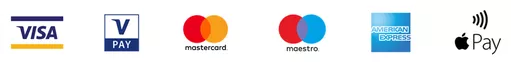 Visa, Mastercard, Amex, Apple Pay Logos. 